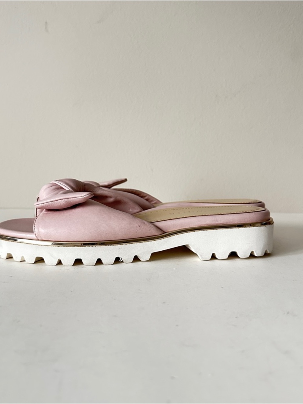 NEW Ron White Chrissie Knotted Bow Pink Leather Slide Sandals, Sz 38 Narrow